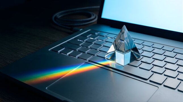 Glass prism casting a rainbow light spectrum on a modern laptop keyboard