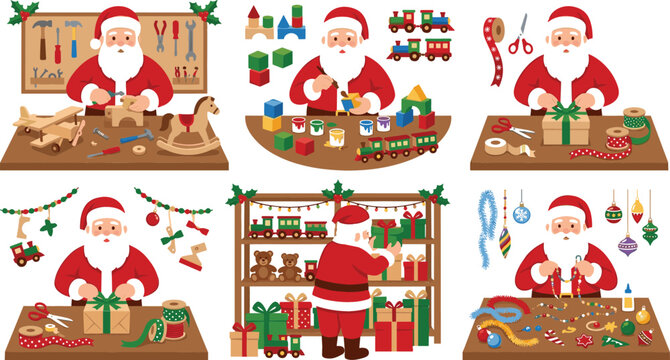 Christmas Santa Claus Workshop Vector Illustration Collection with Character Making Wooden Toys, Painting Trains, Wrapping Gifts, and Organizing Festive Holiday Presents on Shelves