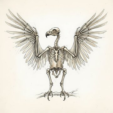 A detailed illustration of a bird skeleton with outstretched wings, showcasing the intricate bone structure and skeletal anatomy.