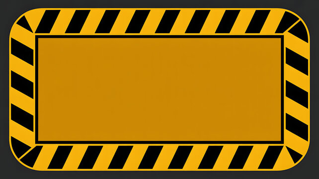 Rectangular yellow warning frame with black diagonal hazard stripes on a dark grey background, for safety signs.