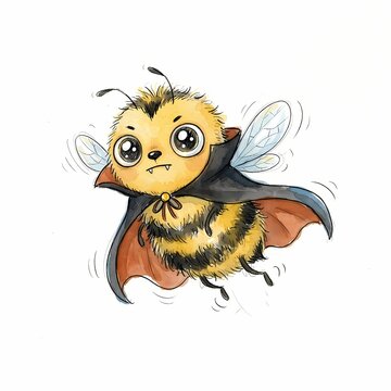Cute cartoon bee dressed as a vampire with fangs and a cape, flying playfully.