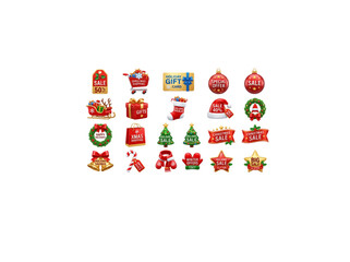 Fototapeta premium Christmas Icon Set: A vibrant collection of festive icons, including gift boxes, Santa hats, Christmas trees, baubles, bells, and candy canes, perfect for holiday-themed designs.