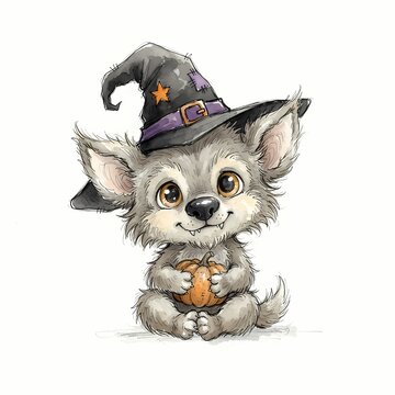A cute cartoon wolf pup dressed in a witch's hat holds a pumpkin, perfect for Halloween-themed designs.