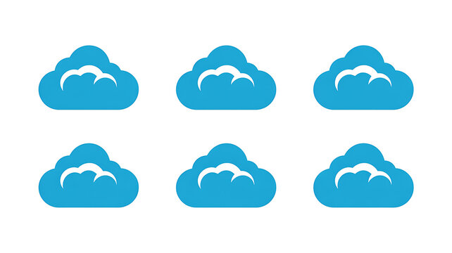 Set of six blue cloud icons with white outlines isolated on a white background, for weather or, computing concepts.