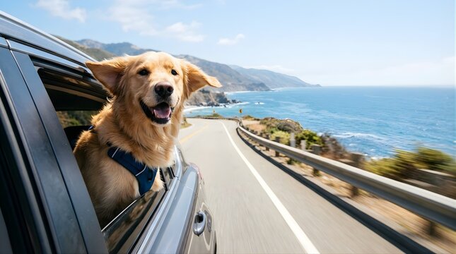 Happy golden retriever dog looking out car window on coastal road trip
