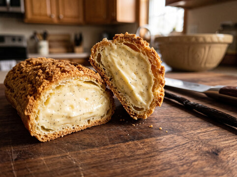 Cross section of a crispy eclair craquelin filled with vanilla cream on a wooden board in a home kitchen