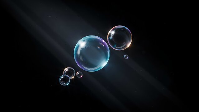 Iridescent soap bubbles floating in dark space, ethereal water spheres with light rays, glowing liquid orbs on black background