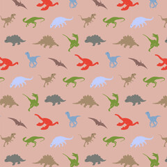 Obraz premium Multicolored stylized dinosaurs on a colored background. Vector seamless pattern of multicolored dinosaurs on a colored background.