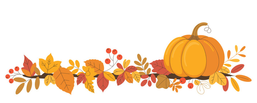 Autumnal border featuring a large orange pumpkin, colorful fall leaves, and clusters of red berries on a dark brown branch against a white background