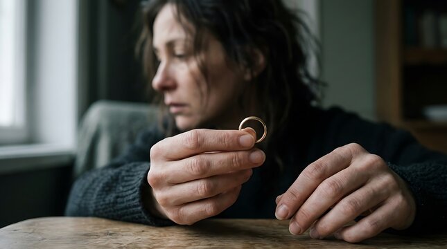 Sad woman holding a wedding ring in a dark room