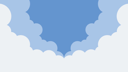 Fototapeta premium Flat of stylized clouds framing a central blue sky, minimalist sky background, with rounded white, and light blue, cloud shapes