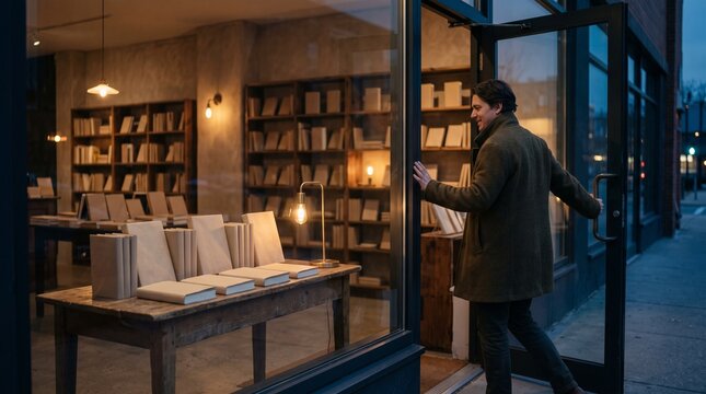Adult reader enters a warmly lit neighborhood bookshop