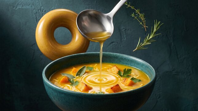Saffron soup ripples beneath a floating ceramic ring