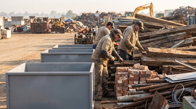 Builders sort reclaimed materials in a recovery yard