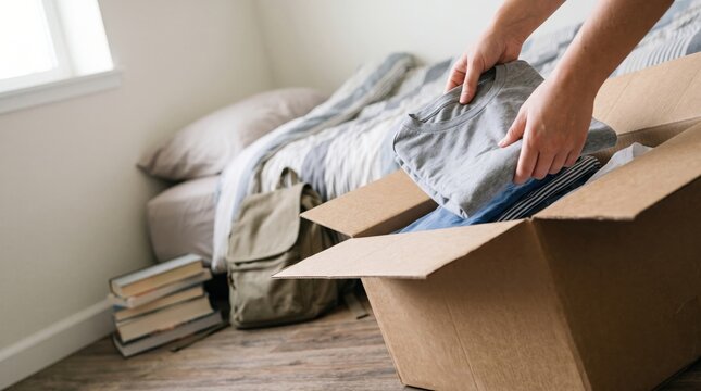 Student unpacking clothes into a cardboard box in a dormitory room
