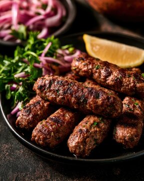 Grilled lamb kofta on a black plate, served with traditional red onion and parsley salad and a wedge of lemon. Warm side lighting.