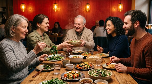 Mixed-generation diners share regional dishes at night