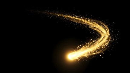 Golden sparkling light trail swirl on black background. Glittering golden dust abstract motion lines. Shiny gold particle stream effect. Magical bright yellow spark trail for holidays and design © graphixlift