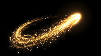 Golden Dust Trail Set, Glowing Spark Effect, Magic Light Stream on Black, Shine Particle Design for Background, Textures, and Holiday VFX Compositions © graphixlift