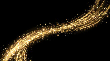 Golden glitter trail on black background, shimmering stardust wave with glowing particles, elegant sparkling light effect for luxury designs © graphixlift