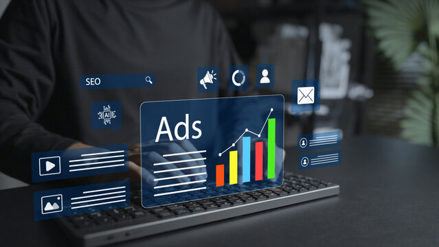 Digital advertising and marketing analytics platform concept. Person typing keyboard with promotion, data graph and click icons, ad performance and market intelligence.