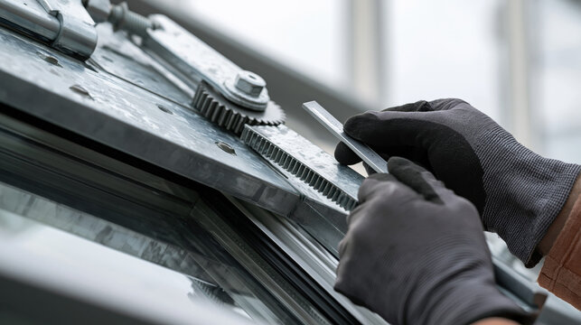 Close-up of technical specialist checking gear alignment and clearance between rack bar and pinion gear