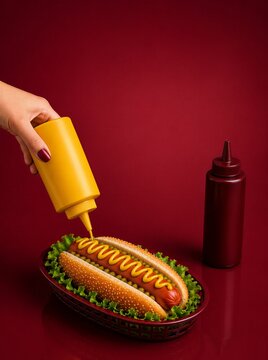 A hot dog with mustard on a dark red background. There is room for text.