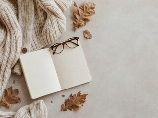 Sweter z dzianiny w kolorze kremowym, otwarty notes, stylowe okulary i kilka rozsypanych wokół suszonych, liści dębu. Przytulny, jesienny lifestyle'owy flat lay z miejscem na tekst