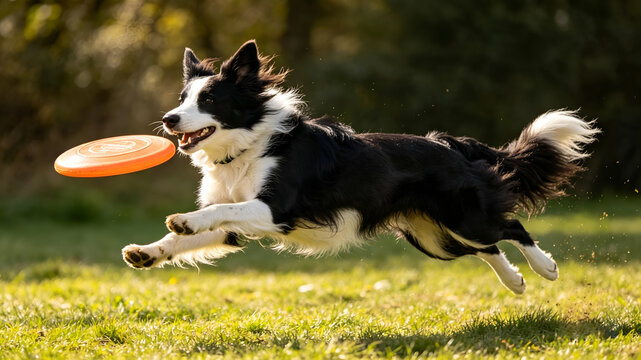 Border collie catching frisbee mid-air, isolated PNG
