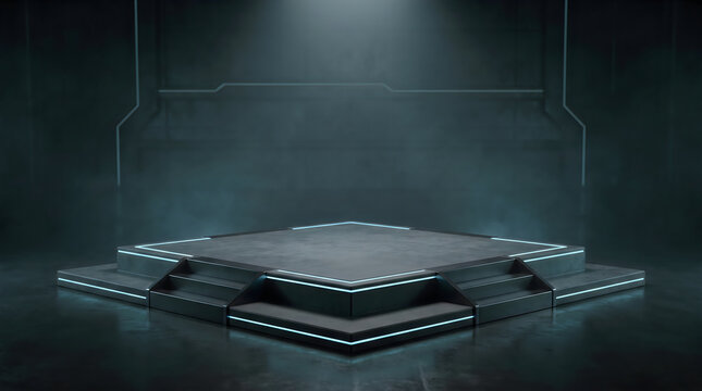 Modern dark podium with glowing blue neon lines for product display in a futuristic space