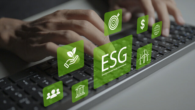ESG Environmental Social Governance concept. Person typing keyboard with leaf eco, social care and governance scale icons, corporate sustainability and ethical business standards.