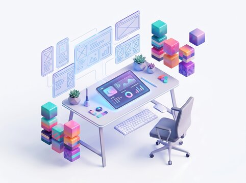 UI UX Web Design Workspace with Isometric 3D Elements