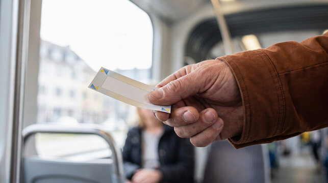 Transit inspector checks a fare ticket at a tram window