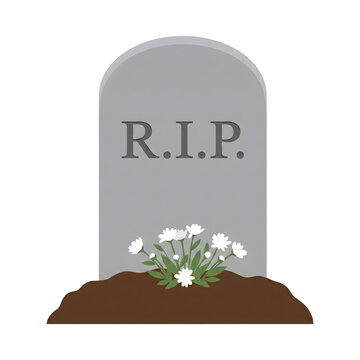 RIP Grey Gravestone Headstone with White Flowers on Dirt Mound Cemetery Vector Illustration Isolated on White
