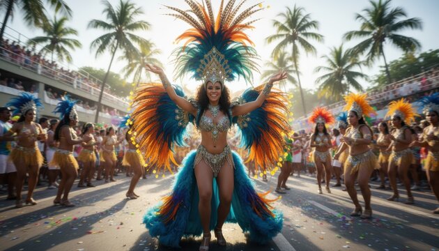 Vibrant samba dancer leading a colorful parade during carnival celebration with feathers costumes and festive energy under palm trees and bright tropical sunlight