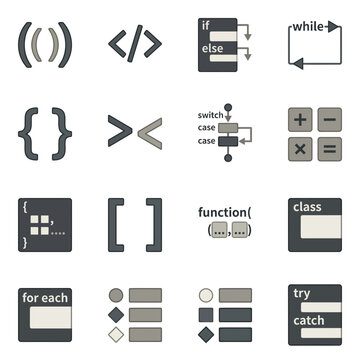 Coding syntax and software development logic icons.