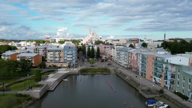 Pikku-Huopalahti, Helsinki, Finland. Aerial Drone View of Colorful Residential Houses at Tilkantori