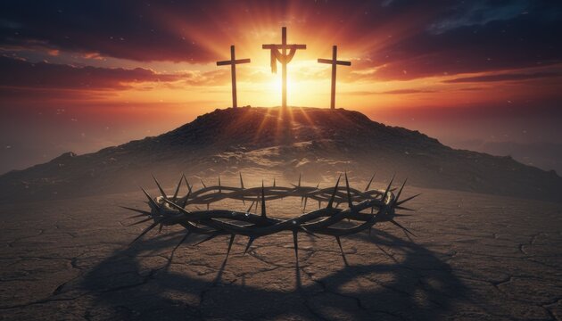 Biblical scene depicts three crosses on hill at sunset with dramatic sun rays and foreground crown of thorns representing Jesus Christ crucifixion Easter symbol