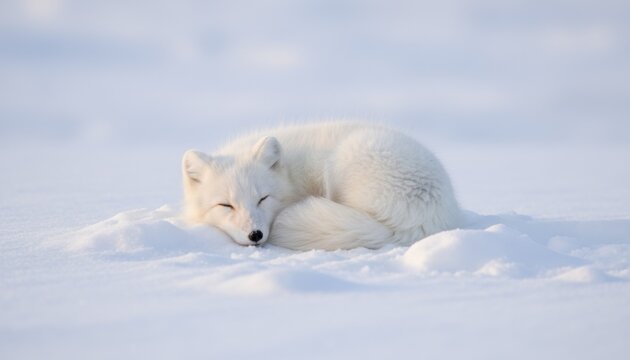 A tranquil winter wildlife scene of a curled arctic fox resting in pale neutral light with soft warm white fur creating a serene minimal atmosphere
