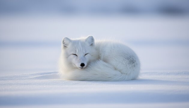 A peaceful winter wildlife scene of a resting arctic fox in pale neutral light with soft warm white fur creating a serene minimal and gentle atmosphere