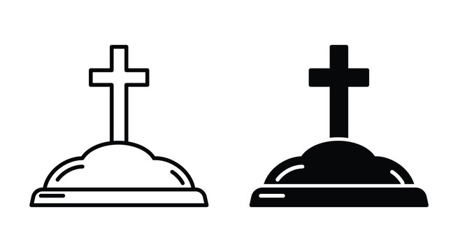 Grave Cross Icon Set Thin Outline and Black Glyph Cemetery Memorial Tombstone Symbols Isolated Design vector illustration.