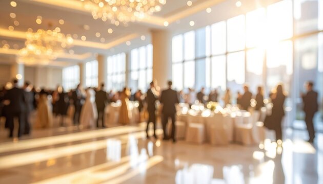 Softly blurred interior of grand banquet hall during high end social gathering featuring round tables and chandeliers