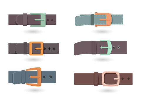 Six stylish belts in different colors and buckles on transparent background