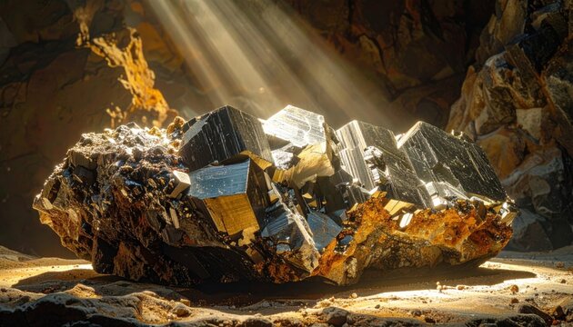 Pyrite crystal cluster showing metallic golden cubic formation on rough rock matrix under dramatic cave light beams