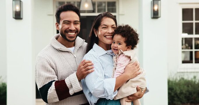 Face, parents and happy at house with baby, connection and nurturing daughter for bonding together. Portrait, people and affection outdoor with infant, newest member and parenthood for weekend break