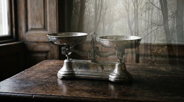 Vintage Silver Balance Scales Resting on an Aged Wooden Table in a Moody Atmospheric Forest Setting