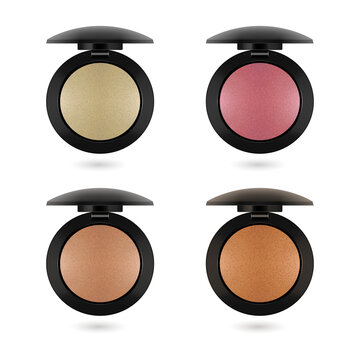 Four makeup blushes in black cases on transparent background