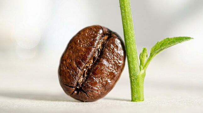 Roasted coffee bean beside a fresh green seedling sprout, representing coffee farming, sustainability, and Coffee Day celebration.