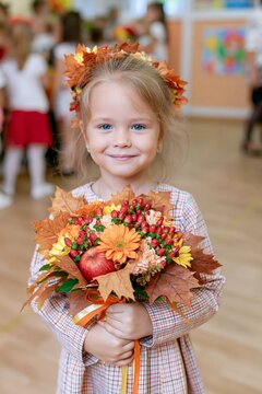 Smiling preschool girl holding a colorful autumn bouquet during a seasonal kindergarten celebration