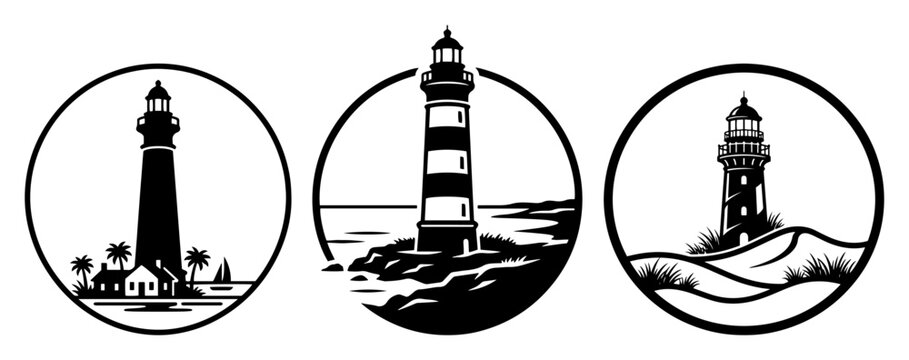Lighthouse emblem collection with coastal landscape scenes in circular frames